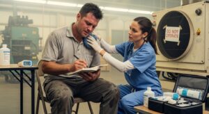 Empleado documentando lesión por calor extremo en el trabajo con apoyo médico