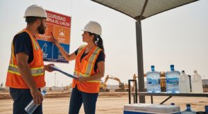 Supervisor y trabajador revisando medidas de seguridad por calor en el trabajo, spanish word