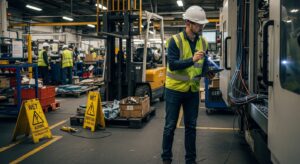 Empleado revisando condiciones inseguras en el lugar de trabajo