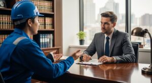 Trabajador hablando con abogado sobre accidente laboral