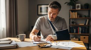 Un trabajador lesionado rellenando un formulario de solicitud de indemnización tras un accidente laboral