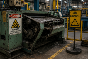Máquina industrial defectuosa con señal de peligro en área de trabajo