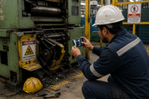 Trabajador documentando evidencia después de accidente con maquinaria laboral