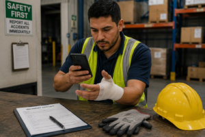 Trabajador documentando evidencia después de lesión en el trabajo