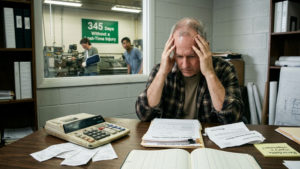 Trabajador estresado revisando documentos después de accidente laboral en oficina industrial