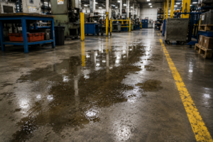 Piso mojado sin señalización adecuada en área de trabajo industrial