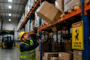 Trabajador esquivando paquete que cae en almacén industrial