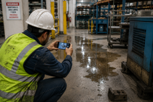 Trabajador tomando fotografías de condiciones inseguras después de una caída laboral