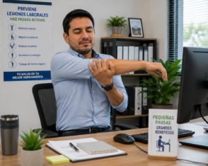 Empleado haciendo pausas y ejercicios de estiramiento para prevenir lesiones laborales