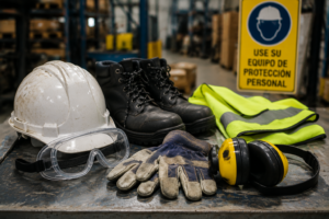 Equipo de protección personal incompleto en mesa de trabajo industrial