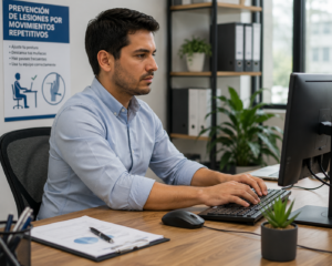 Trabajador realizando movimientos repetitivos con computadora en oficina siguiendo buenas prácticas ergonómicas