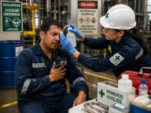 Trabajador recibiendo atención después de exposición química laboral