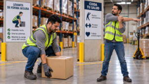 Empleado usando técnica correcta para levantar cargas pesadas en el trabajo