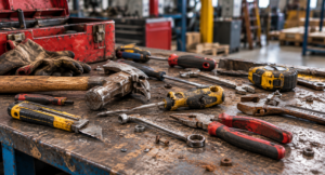 Herramientas manuales dañadas en área de trabajo industrial