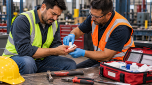 Trabajador recibiendo ayuda después de lesión con herramienta de trabajo